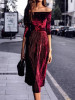 New Burgundy Pleated Off Shoulder Half Sleeve Elegant Velvet Midi Dress