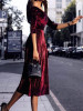 New Burgundy Pleated Off Shoulder Half Sleeve Elegant Velvet Midi Dress