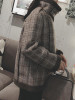 New Coffee Plaid Fur Zipper Pockets V-neck Fashion Outerwear