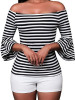 New Black-White Striped Print Irregular Off Shoulder Backless Bell Sleeve Casual Fashion T-Shirt