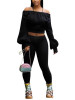 New Black Off Shoulder Pleated Lantern Sleeve Two Piece High Waisted Casual Long Jumpsuit