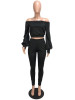 New Black Off Shoulder Pleated Lantern Sleeve Two Piece High Waisted Casual Long Jumpsuit