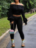 New Black Off Shoulder Pleated Lantern Sleeve Two Piece High Waisted Casual Long Jumpsuit
