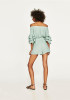 Green Ruffle Pockets Off Shoulder Backless Casual Short Jumpsuit