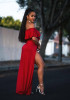 Red Ruffle Lace-up Front Slit Off Shoulder High Waisted Fashion Jumpsuit Pants
