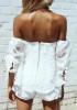 White Appliques Drawstring Off Shoulder Two Piece Short Jumpsuit