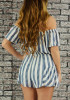 Grey-White Striped Print Off Shoulder Elastic Waist Short Jumpsuit