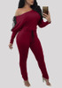 Burgundy Drawstring Off Shoulder Backless Lace-up High Waisted Long Jumpsuit