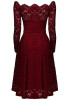 Burgundy Plain Lace Pleated Hollow-out Boat Neck Off-Shoulder Elegant Formal Midi Dress