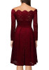 Burgundy Plain Lace Pleated Hollow-out Boat Neck Off-Shoulder Elegant Formal Midi Dress