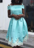 Light Blue Lace Pleated Spaghetti Strap Graduation Homecoming Off Shoulder Tutu Midi Dress Light Blue Lace Pleated Spaghetti Strap Graduation Homecoming Off Shoulder Tutu Midi Dress