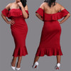 Red Bandeau Ruffle Boat Neck Off Shoulder Mermaid Backless Midi Dress Red Bandeau Ruffle Boat Neck Off Shoulder Mermaid Backless Midi Dress