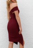 Burgundy Off Shoulder Backless Asymmetric Shoulder Slit Homecoming Party Club Bridemaids Midi Dress