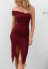 Burgundy Off Shoulder Backless Asymmetric Shoulder Slit Homecoming Party Club Bridemaids Midi Dress