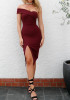 Burgundy Off Shoulder Backless Asymmetric Shoulder Slit Homecoming Party Club Bridemaids Midi Dress