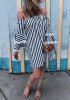 Black-White Striped Ruffle Draped Off Shoulder Plus Size Homecoming Party Mini Dress