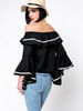 Casual Off Shoulder Contrast Trim Flounce Bell Sleeve Blouse