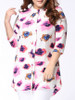 Casual High-Low Band Collar Single Breasted Printed Plus Size Blouse