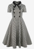 Black White Plaid Bow Buttons Turndown Collar Round Neck Short Sleeve Midi Dress