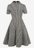 Black White Plaid Bow Buttons Turndown Collar Round Neck Short Sleeve Midi Dress