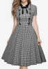 Black White Plaid Bow Buttons Turndown Collar Round Neck Short Sleeve Midi Dress