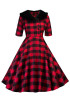 Red Plaid Vintage Fur Turndown Collar Buttons 3/4 Sleeve Midi Dress