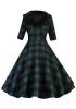 Green Plaid Vintage Fur Turndown Collar Buttons 3/4 Sleeve Midi Dress