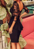 Black Plain Lace Cut Out Swallowtail Peplum Round Neck Midi Dress