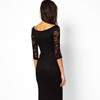 Black Plain Double-deck Round Neck Lace Midi Dress