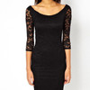 Black Plain Double-deck Round Neck Lace Midi Dress