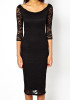 Black Plain Double-deck Round Neck Lace Midi Dress