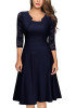 Navy Blue Patchwork Lace Draped Round Neck Fashion Midi Dress