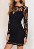 Casual Black Patchwork Hollow-out Lace Zipper Round Neck Mini Dress