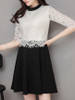 Casual Crew Neck Color Block Decorative Lace Half Sleeve Skater Dress