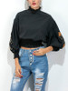 Casual Embroidery High Neck Exposed Navel Batwing Sleeve T-Shirt