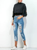 Casual Embroidery High Neck Exposed Navel Batwing Sleeve T-Shirt