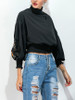 Casual Embroidery High Neck Exposed Navel Batwing Sleeve T-Shirt