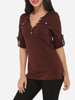 Casual Decorative Buttons V Neck Cotton Plain Long-sleeve-t-shirt