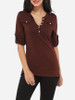 Casual Decorative Buttons V Neck Cotton Plain Long-sleeve-t-shirt