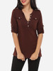 Casual Decorative Buttons V Neck Cotton Plain Long-sleeve-t-shirt