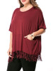 Casual Loose Fringe Pocket Round Neck Plain Plus Size T-Shirt