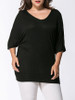 Casual V-Neck Hollow Out Plain Batwing Sleeve Plus Size T-Shirt