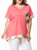 Casual V-Neck Contrast Trim Patch Pocket Plus Size T-Shirt