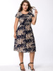 Casual Round Neck Drawstring Printed Extraordinary Midi Plus Size Flared Dress