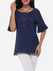 Casual Mandarin Sleeve Round Neck Linen Hollow Out Plain Short-sleeve-t-shirt