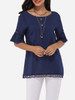 Casual Mandarin Sleeve Round Neck Linen Hollow Out Plain Short-sleeve-t-shirt Casual Mandarin Sleeve Round Neck Linen Hollow Out Plain Short-sleeve-t-shirt