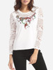 Casual Hollow Out Lace Paisley Patchwork Women's Round Neck Long-sleeve-t-shirt