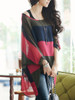 Casual Color Block Hollow Out Striped Round Neck Batwing Sleeve Tunic