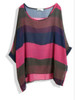 Casual Color Block Hollow Out Striped Round Neck Batwing Sleeve Tunic