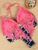 Casual Halter Fringe Color Block Printed Bikini